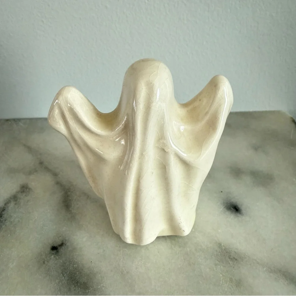 Vintage Small Ceramic Ghost Figurine Halloween Decor Blue Eyes Shelf Collectible